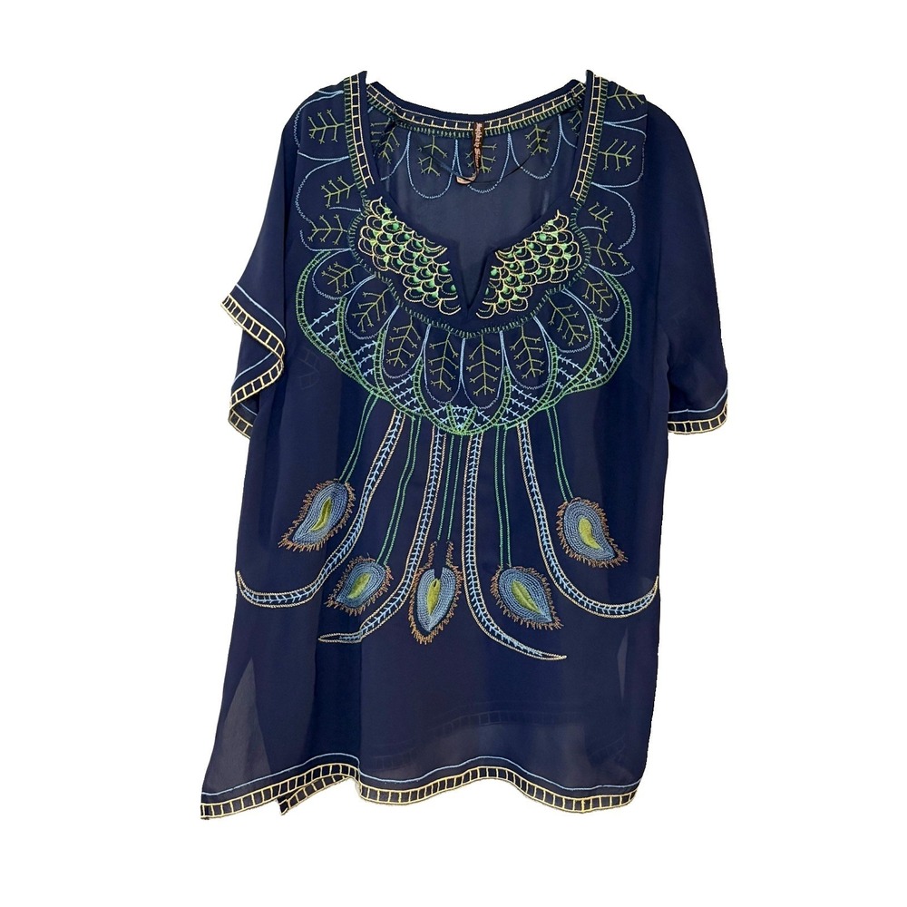 Mushka by Sienna Rose Top Womens L‎ Navy Sheer Peacock Embroidered Boho Hippie